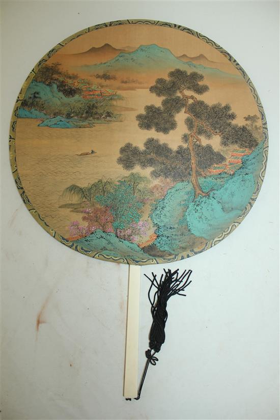 A Chinese painted silk and ivory fan, early 20th century, 42.5cm